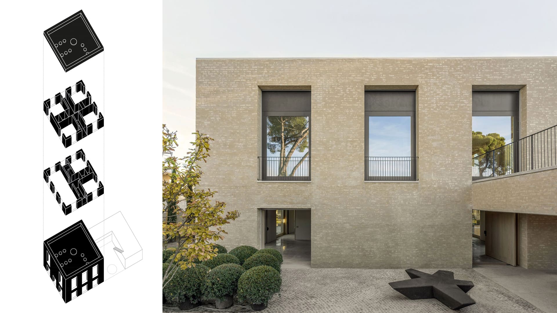 Casas Modernas: Axonometría despiezada y alzado hacia el patio de ingreso de la Casa de ladrillo en Madrid.