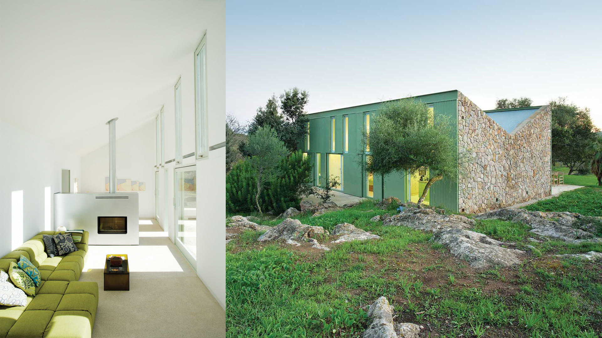 Casas Modernas: Sala de estar orientada al Sur de la Casa Pepe Cobo y escorzo exterior mostrando su aspecto noroeste.