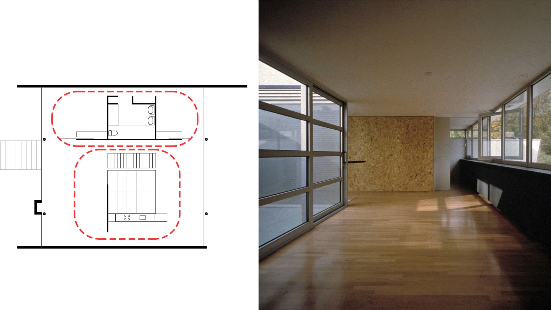 Casa Patio diseñada por Rem Koolhaas: planta alta con esquema de alternativas de recorridos circulares y aspecto del comedor.