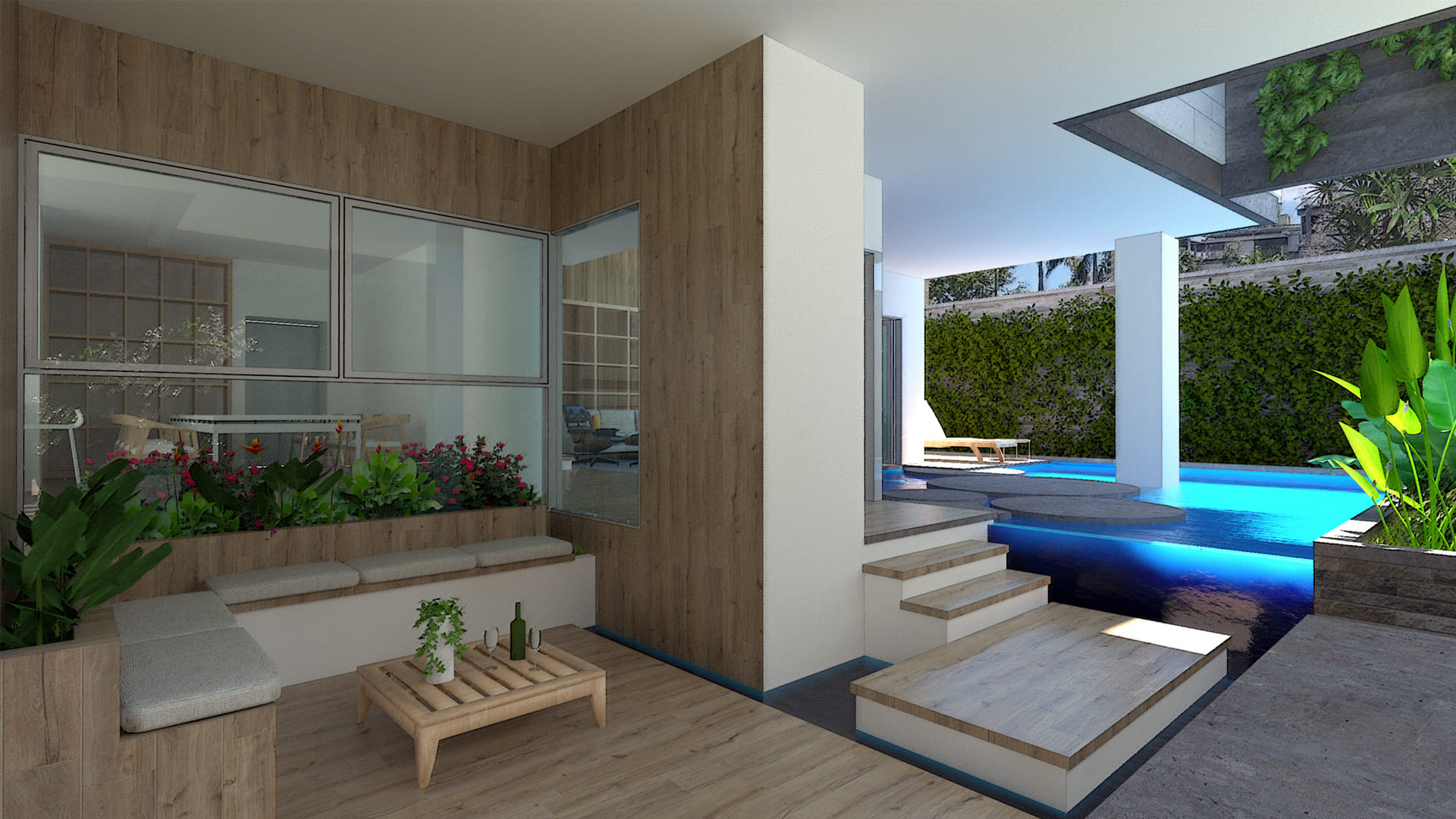 Diseño de apartamentos de lujo en Caracas, Venezuela: patio con piscina, jardines, sillones y ventanas panorámicas.