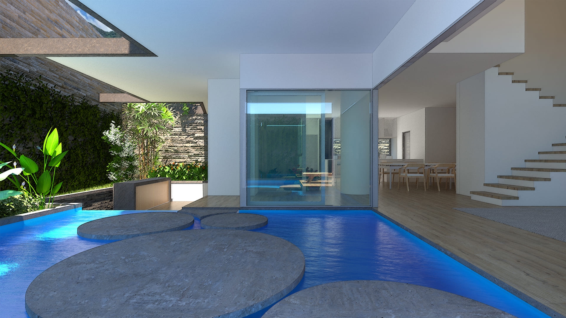 Diseño de apartamentos en Caracas, Venezuela: sala de estar lujosa con ventanas panorámicas, piscina y jardines.