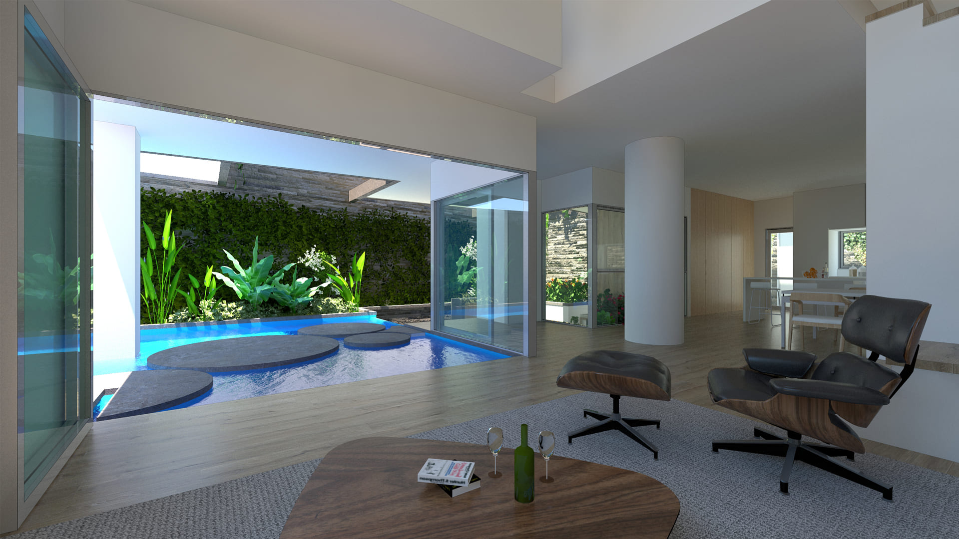 diseno-apartamentos-caracas-sala-estar-ventanas-panoramicas-patio-piscina-jardin Diseño de apartamentos de lujo en Caracas, Venezuela: sala de estar con ventanas panorámicas, patio, piscina y jardines.