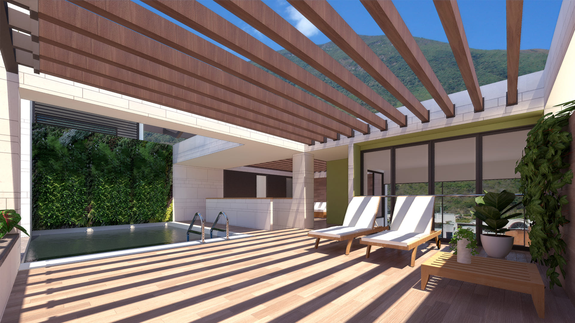 Diseño de apartamentos de lujo en Caracas, Venezuela: terraza con pérgolas, piscina, jardín vertical y vistas al Ávila.