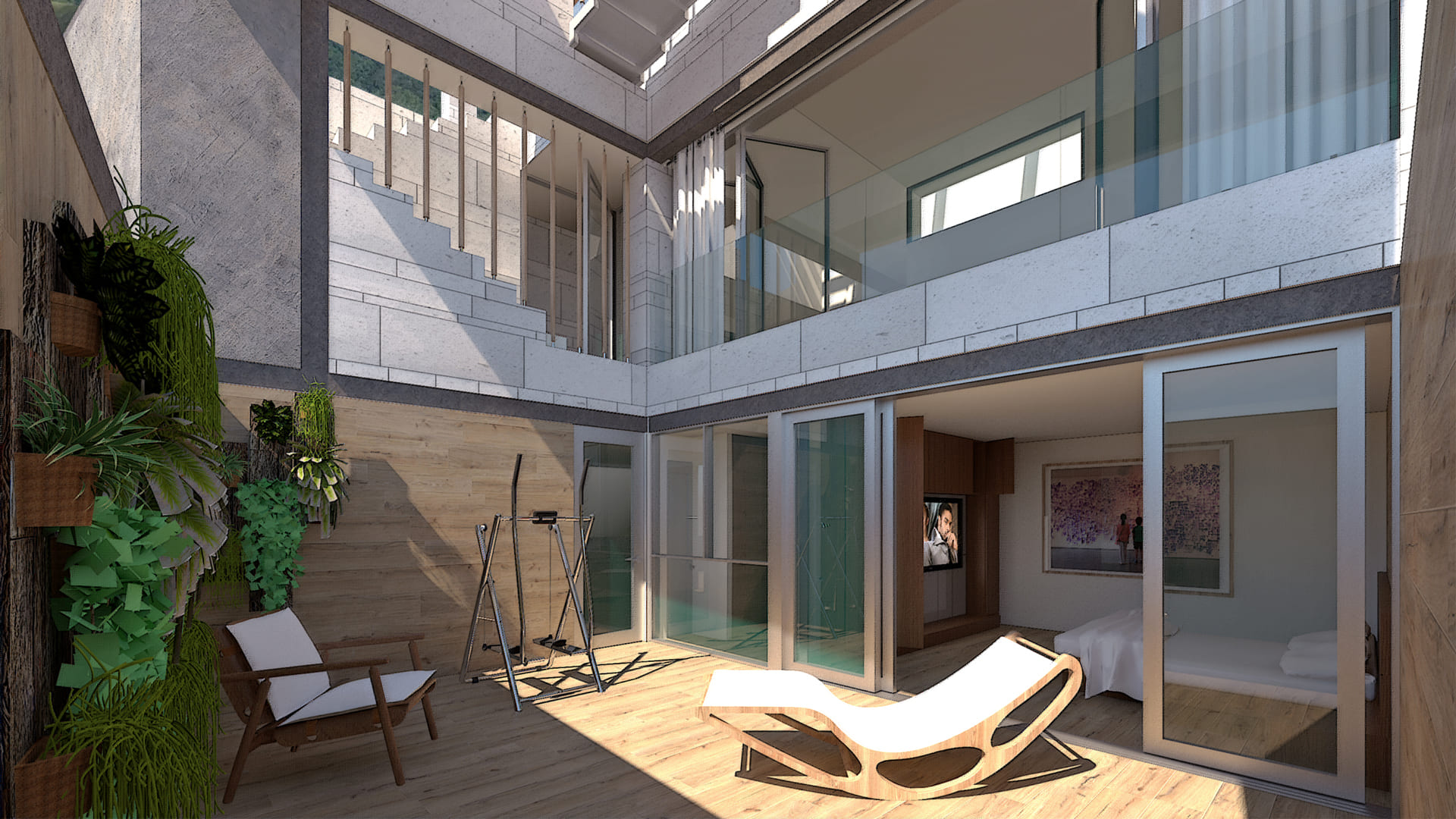 Diseño de apartamentos en Caracas, Venezuela: habitación lujosa con ventanas panorámicas, terraza cubierta y jardín vertical.