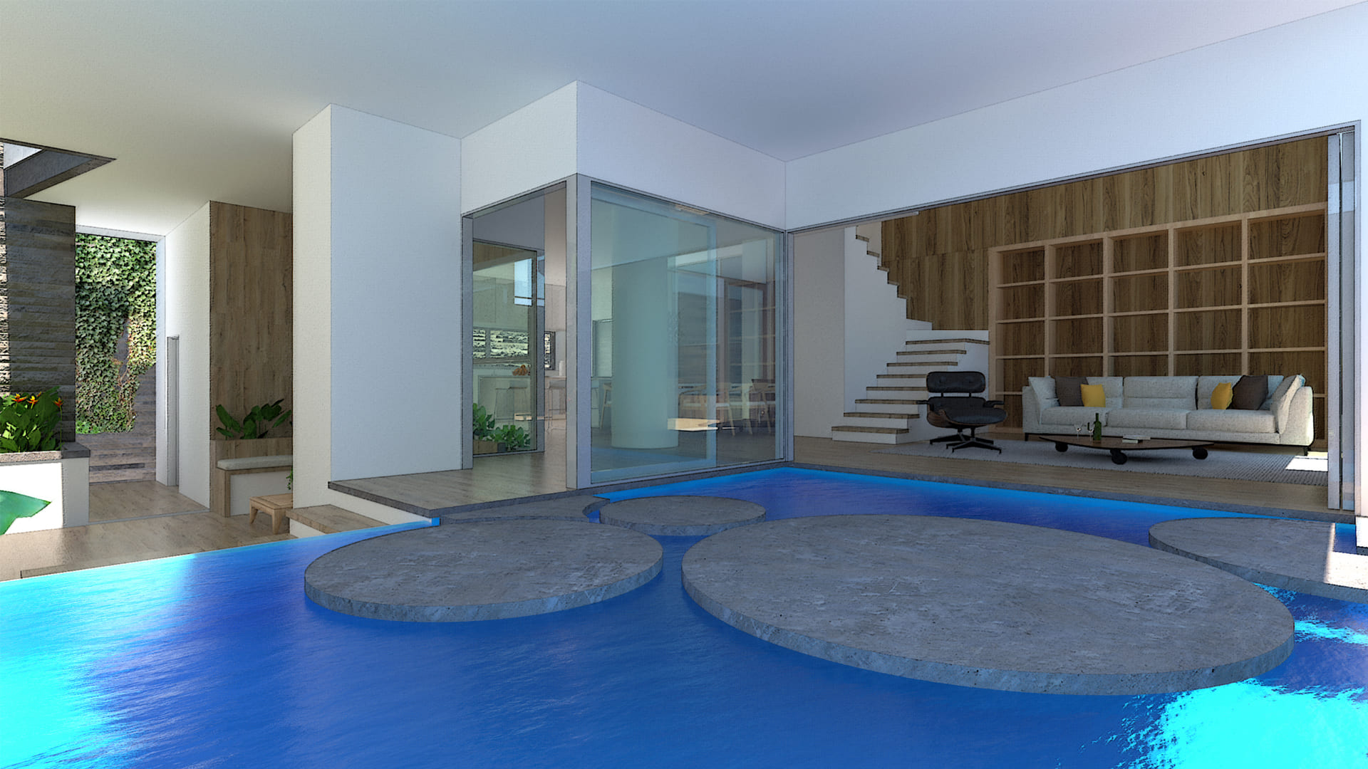 Diseño de apartamentos en Caracas, Venezuela: sala de estar lujosa con ventanas panorámicas, patio, piscina y jardines.