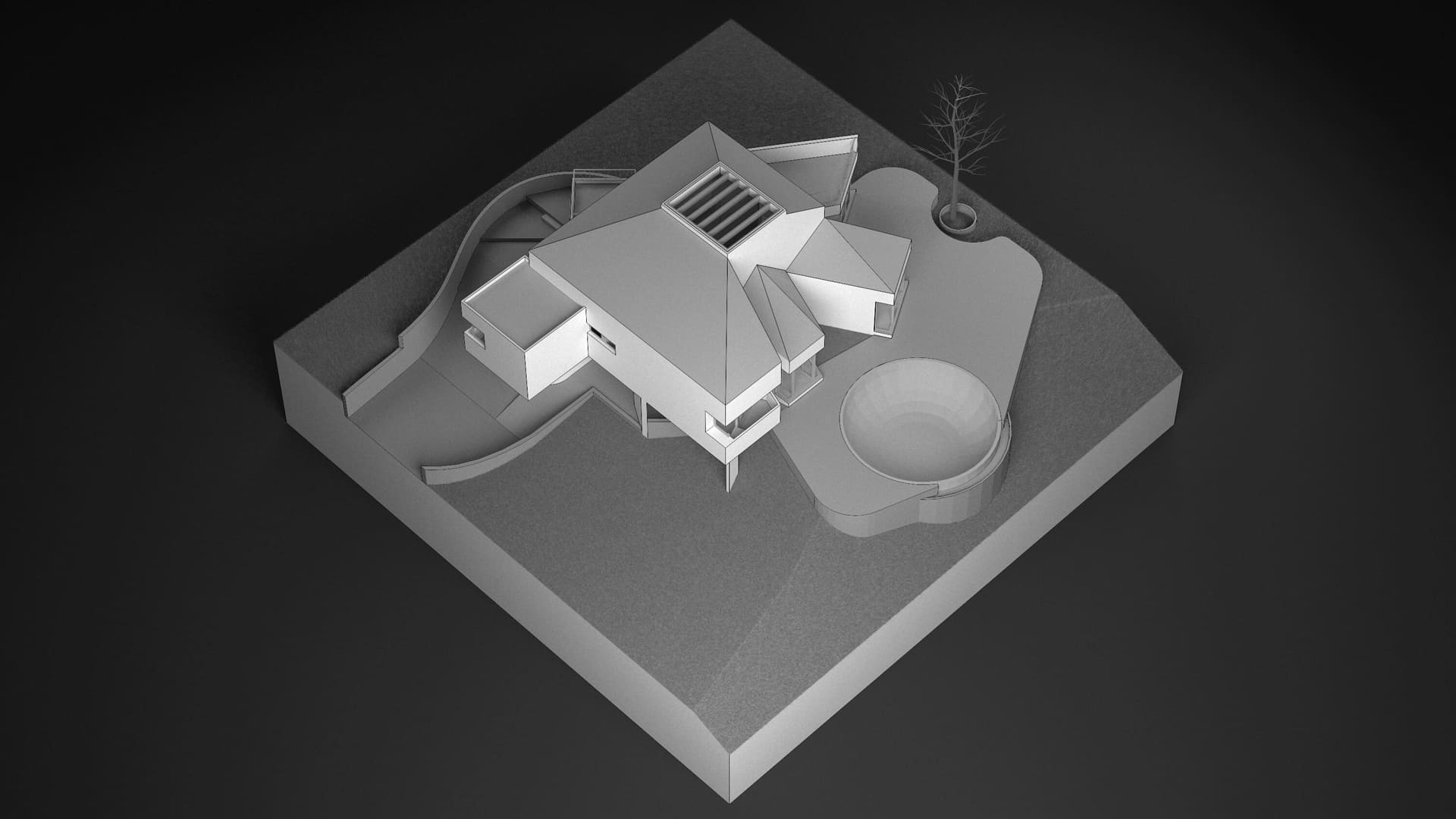 Diseño de arquitectura de una casa en Caracas, Venezuela. Aspecto del lado sureste del modelo desde lo alto.