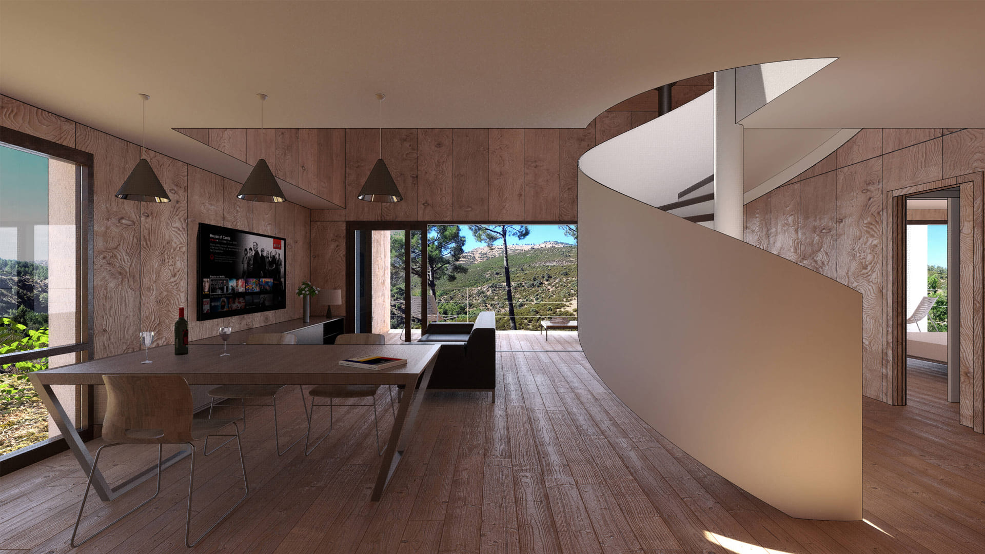 Diseño de casa moderna en las montañas de Madrid: salón comedor en madera, escalera circular, ventanas panorámicas y paisaje.