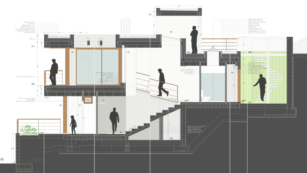 Diseño de casa moderna en Robledo de Chavela, Madrid. Detalle de sección longitudinal del proyecto de arquitectura.