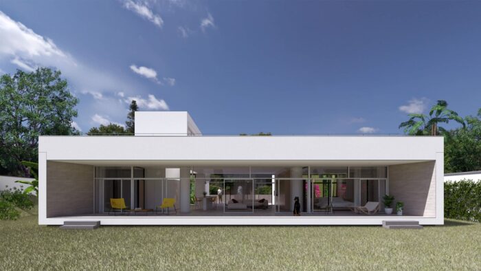 Diseño de casa moderna en Venezuela: amplia terraza Norte con ventanas panorámicas al jardín y orientación solar óptima.