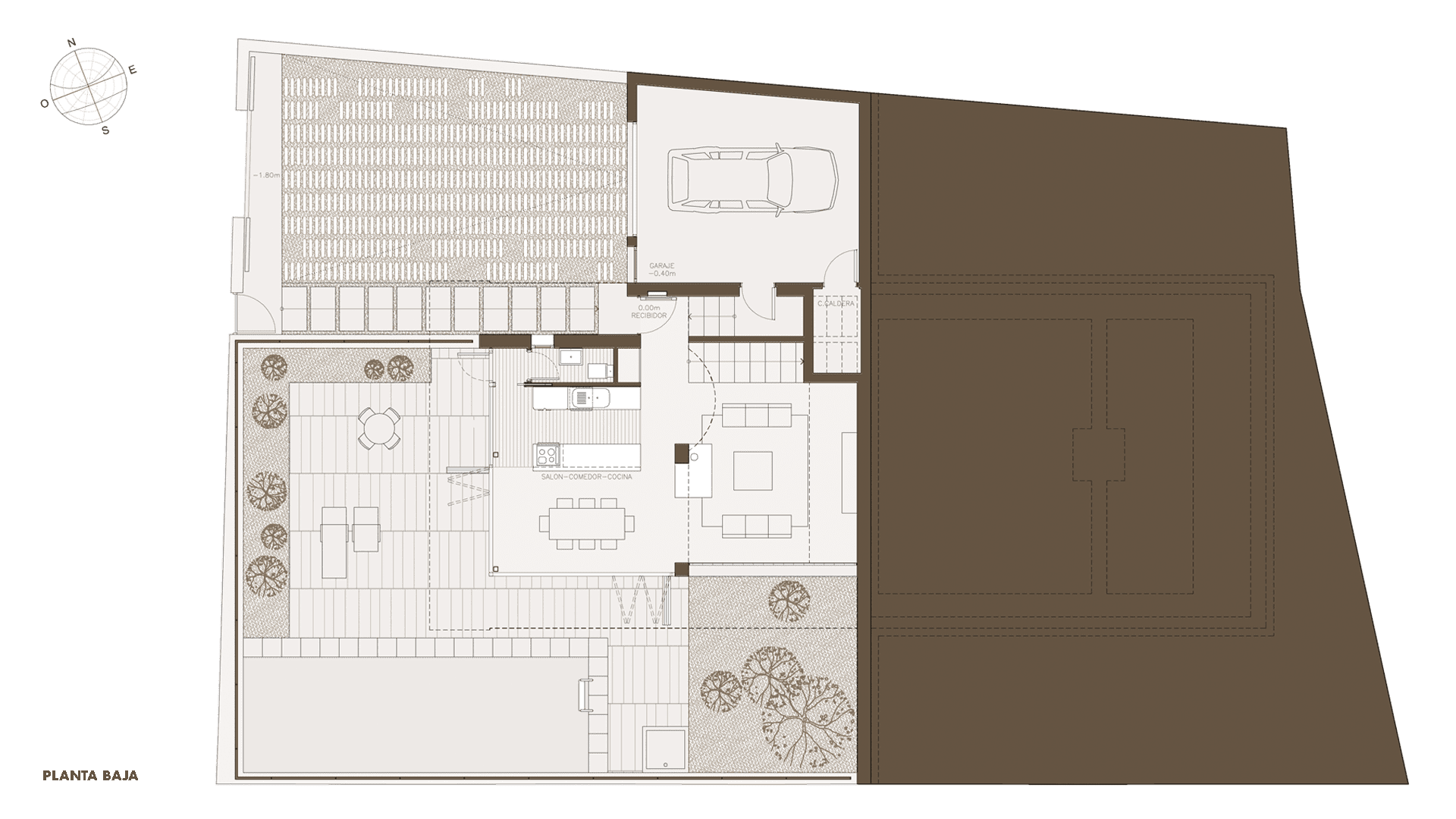 Diseño de casa moderna cerca de Madrid (Robledo de Chavela): plano de planta baja del proyecto de arquitectura.