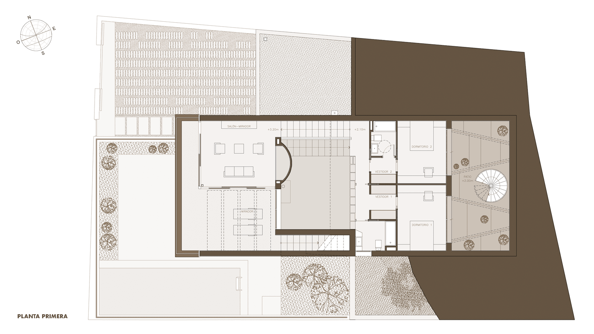 Diseño de casa moderna cerca de Madrid (Robledo de Chavela): plano de planta primera del proyecto de arquitectura.