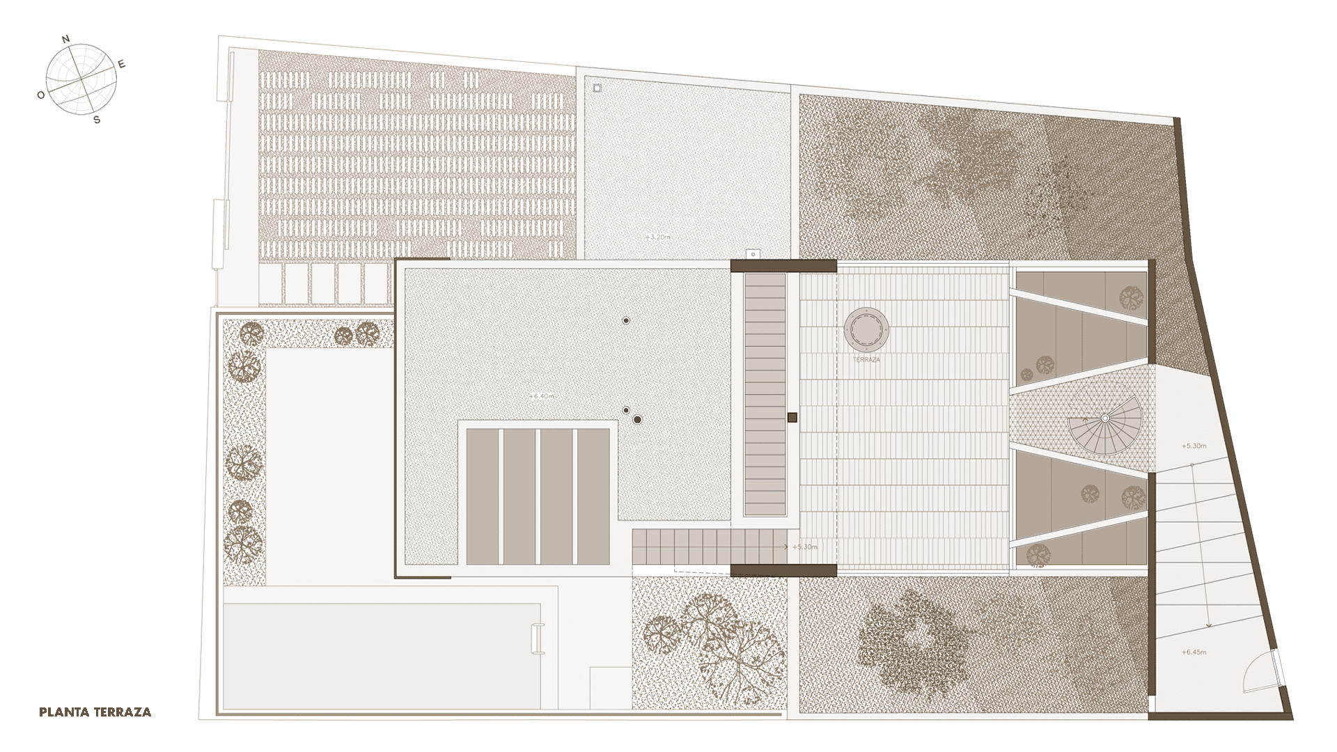 Diseño de casa moderna cerca de Madrid (Robledo de Chavela): plano de planta del nivel terraza del proyecto de arquitectura.
