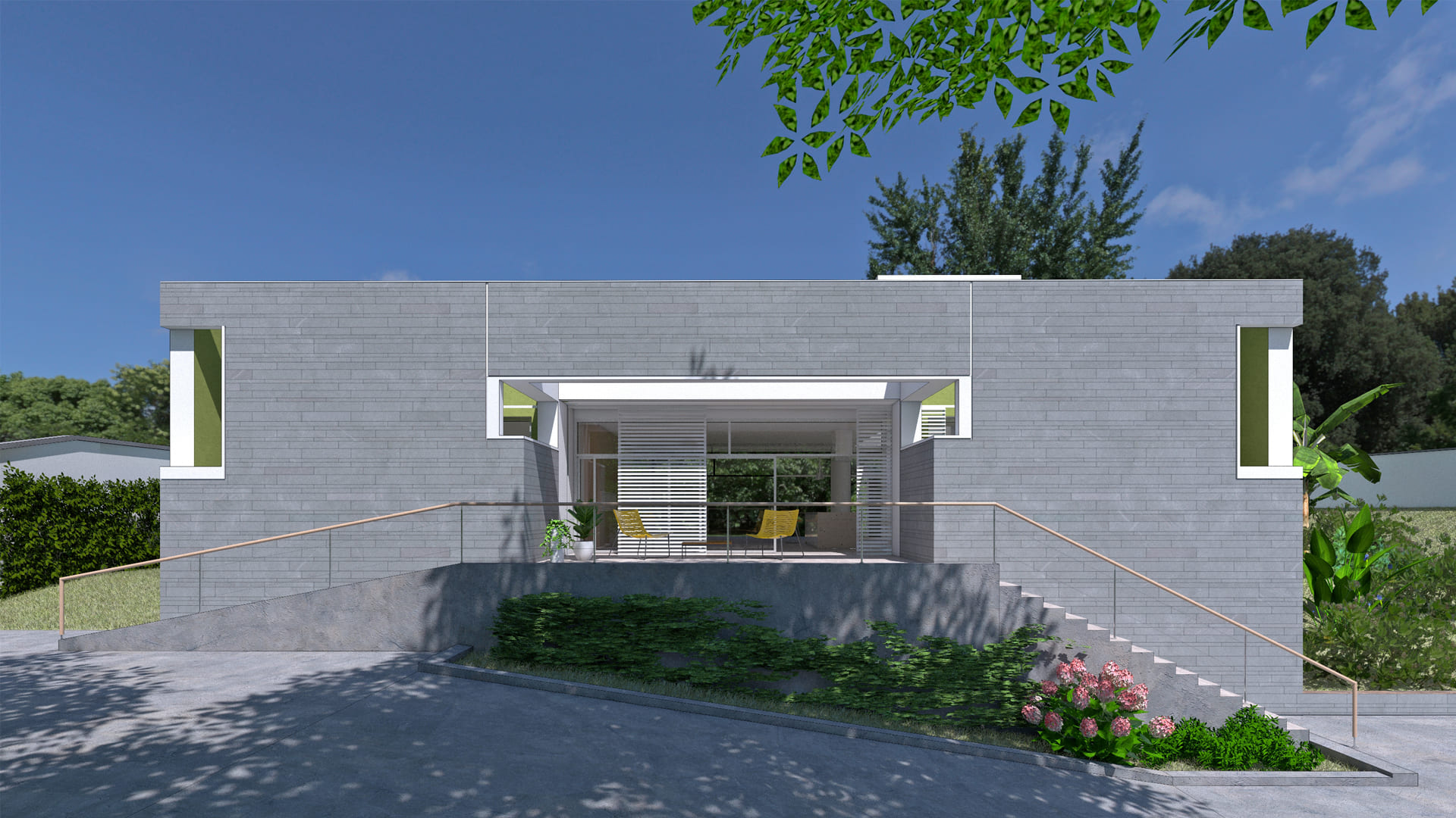 diseno-casa-venezuela-atrio-ingreso-puertas-panoramicas-jardines-sillones Diseño de casa en Venezuela con jardines y atrio de ingreso combinando rampa y escalera para facilitar la accesibilidad.
