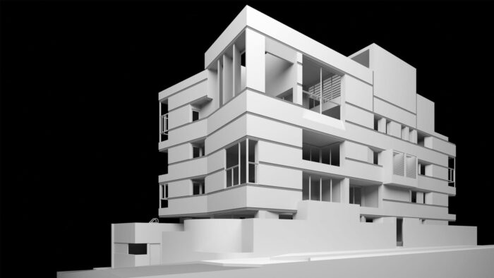 Modelo del edificio de apartamentos de lujo en Caracas, Venezuela, diseñado por el estudio de arquitectura HGSE.