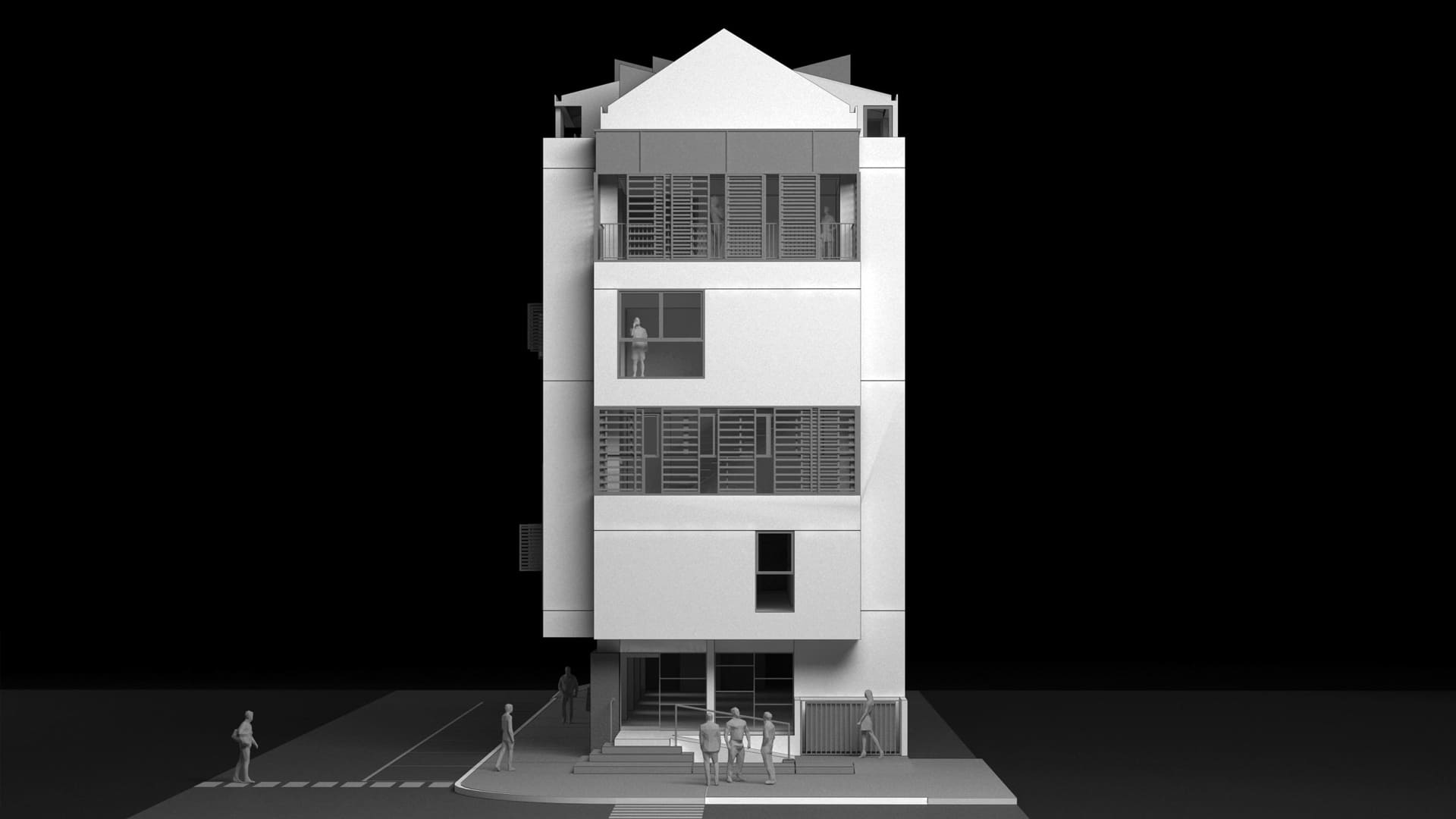 Diseño de un edificio de usos mixtos. Modelo del proyecto de arquitectura. Fachada Sur.