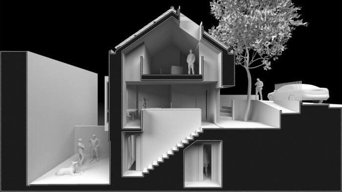 Diseño y reforma antes y después de casa en San Lorenzo de El Escorial, Madrid: sección transversal del modelo.