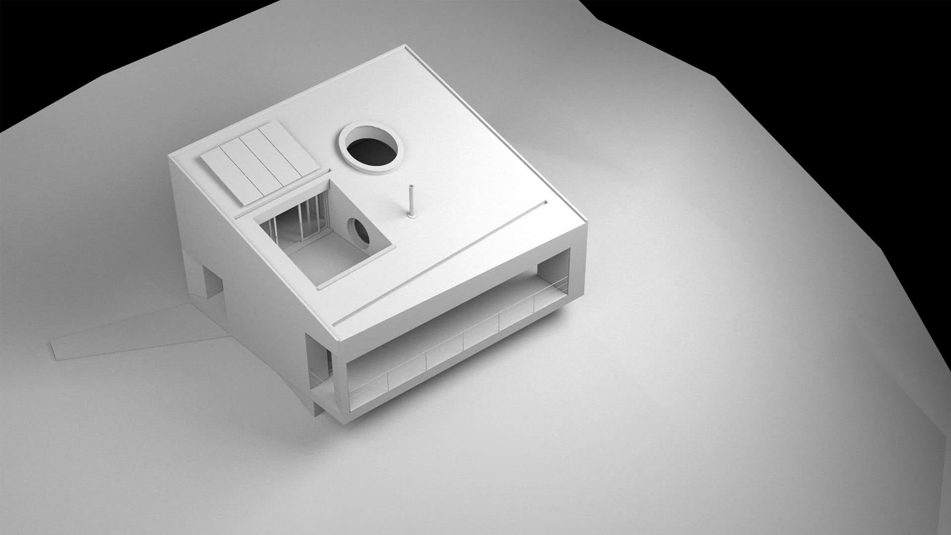 Modelo de casa en la montaña con techo inclinado, porche cubierto, terraza, lucernario circular y paneles solares.