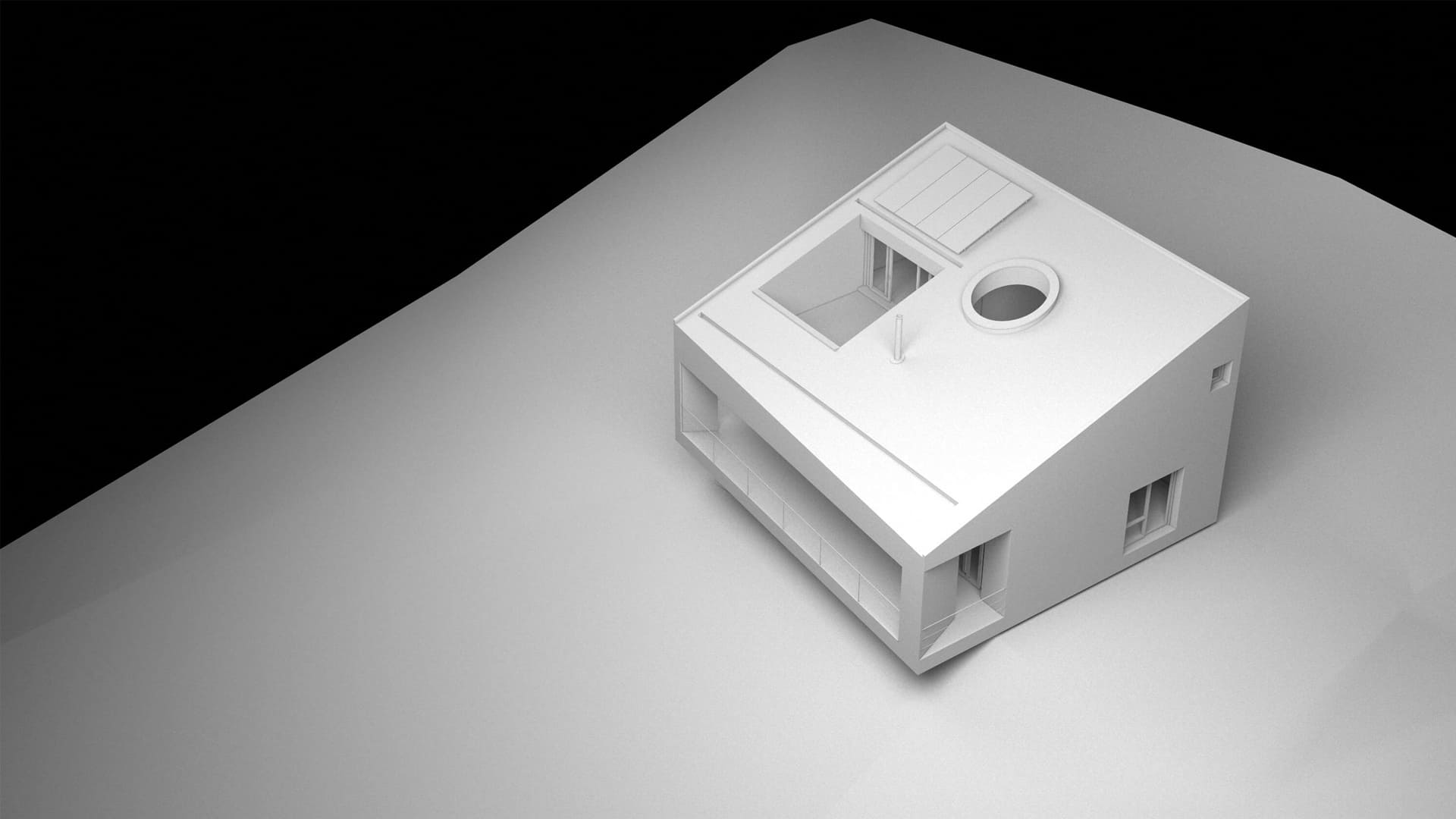 Modelo de casa de montaña con techo inclinado, porche cubierto, terraza, lucernario circular y paneles solares.