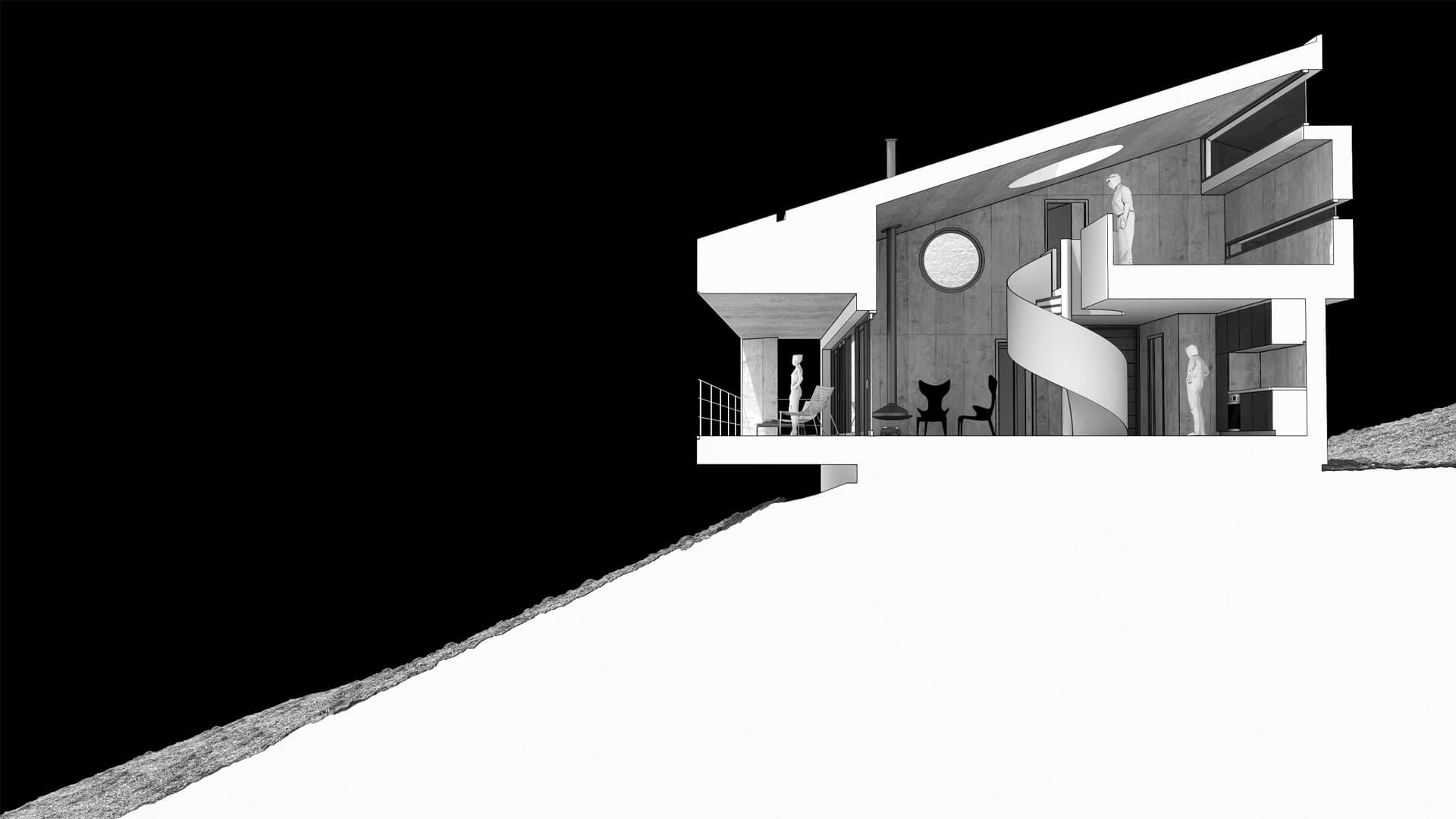 Diseño de casa en la montaña: sección transversal con techo inclinado, escalera de caracol, lucernario circular y chimenea.