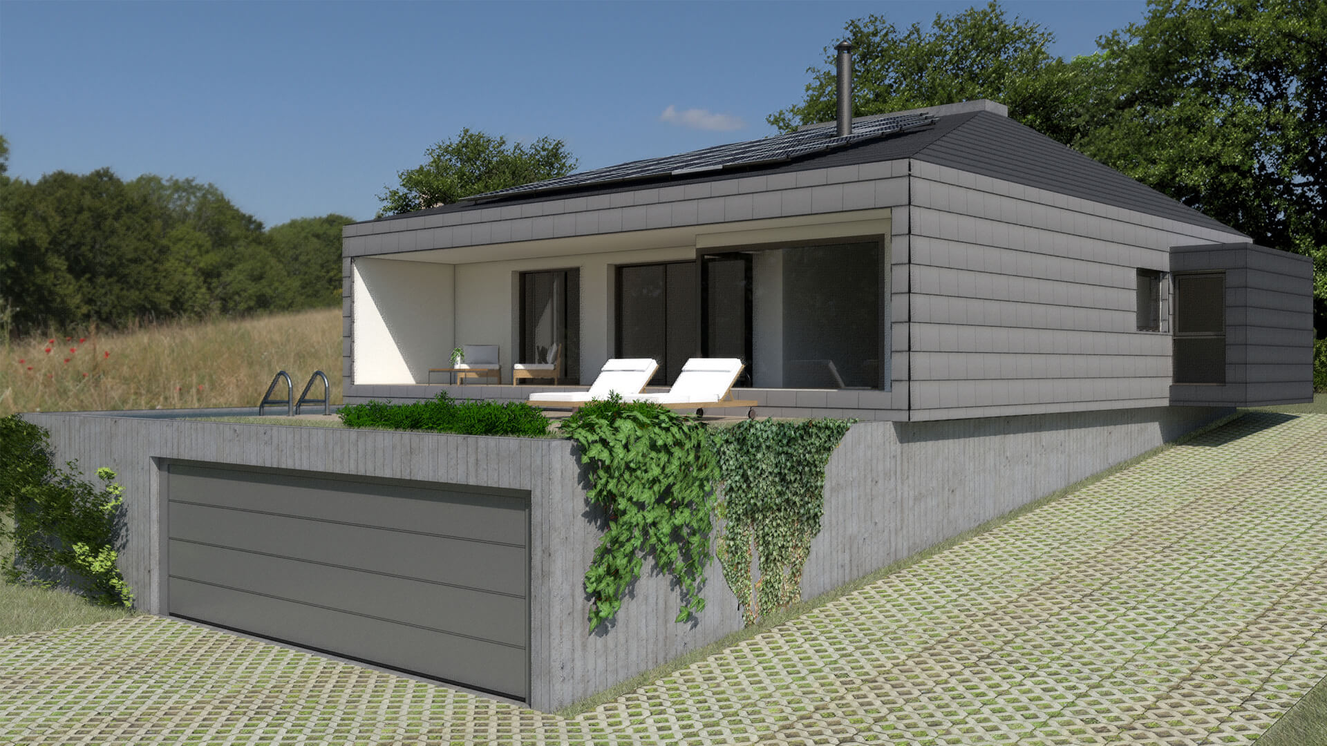 Casa moderna y simétrica cerca de Madrid con tejado a cuatro aguas, tejas planas, paneles solares y elevada sobre un podio.