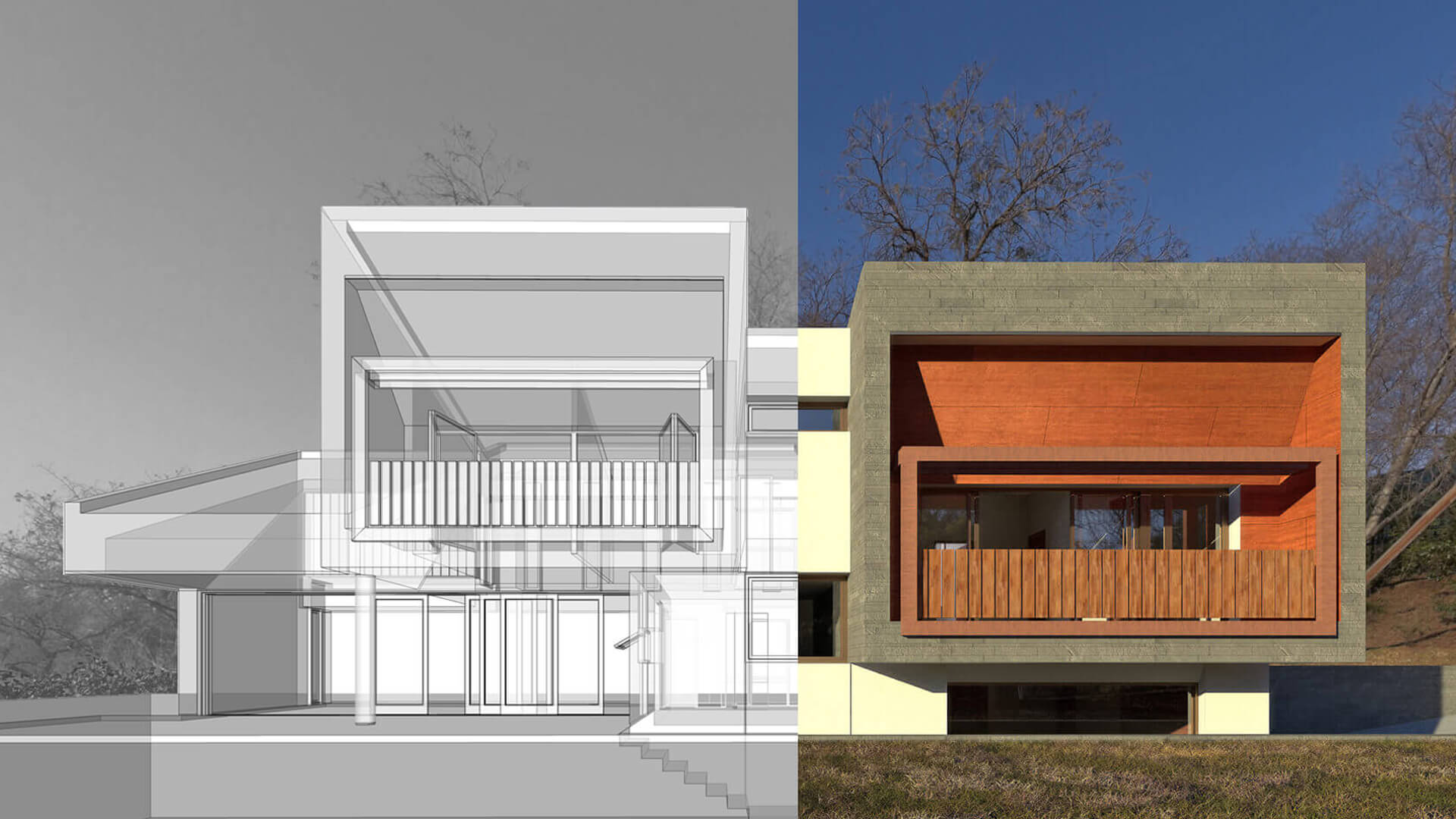 Render 3D del proceso de diseño de una vivienda moderna en la Sierra de Madrid ejemplificando cómo construir una casa en España.