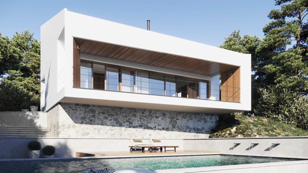 Casa de Diseño con Piscina en Madrid. Arquitectura a Medida Casa moderna con terraza y piscina diseñada por estudio de arquitectura en Madrid, estilo minimalista en entorno natural.