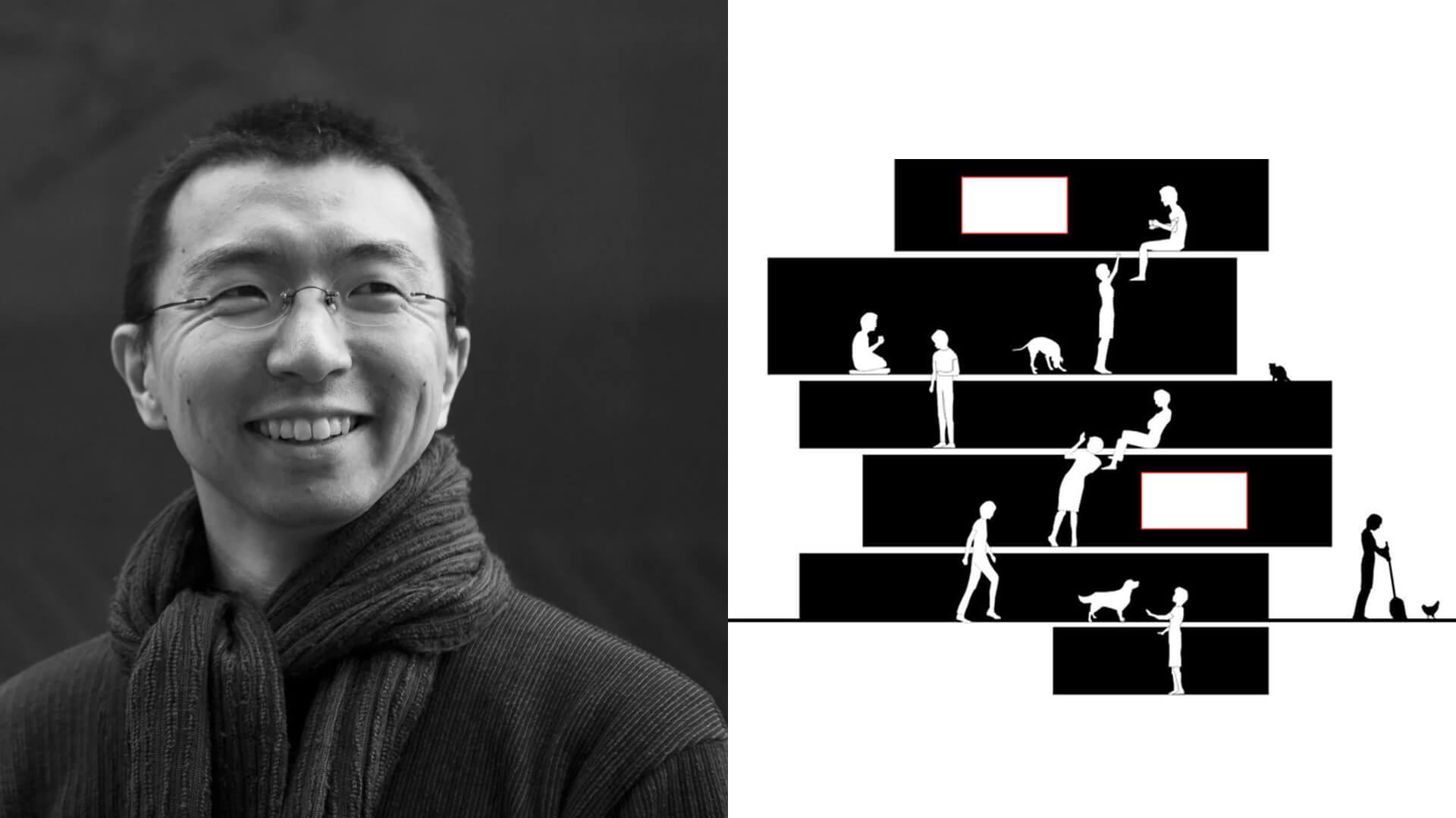 Sou Fujimoto junto al esquema de sección de su casa taller en Hokkaido, diseñada con niveles intermedios para optimizar el espacio.