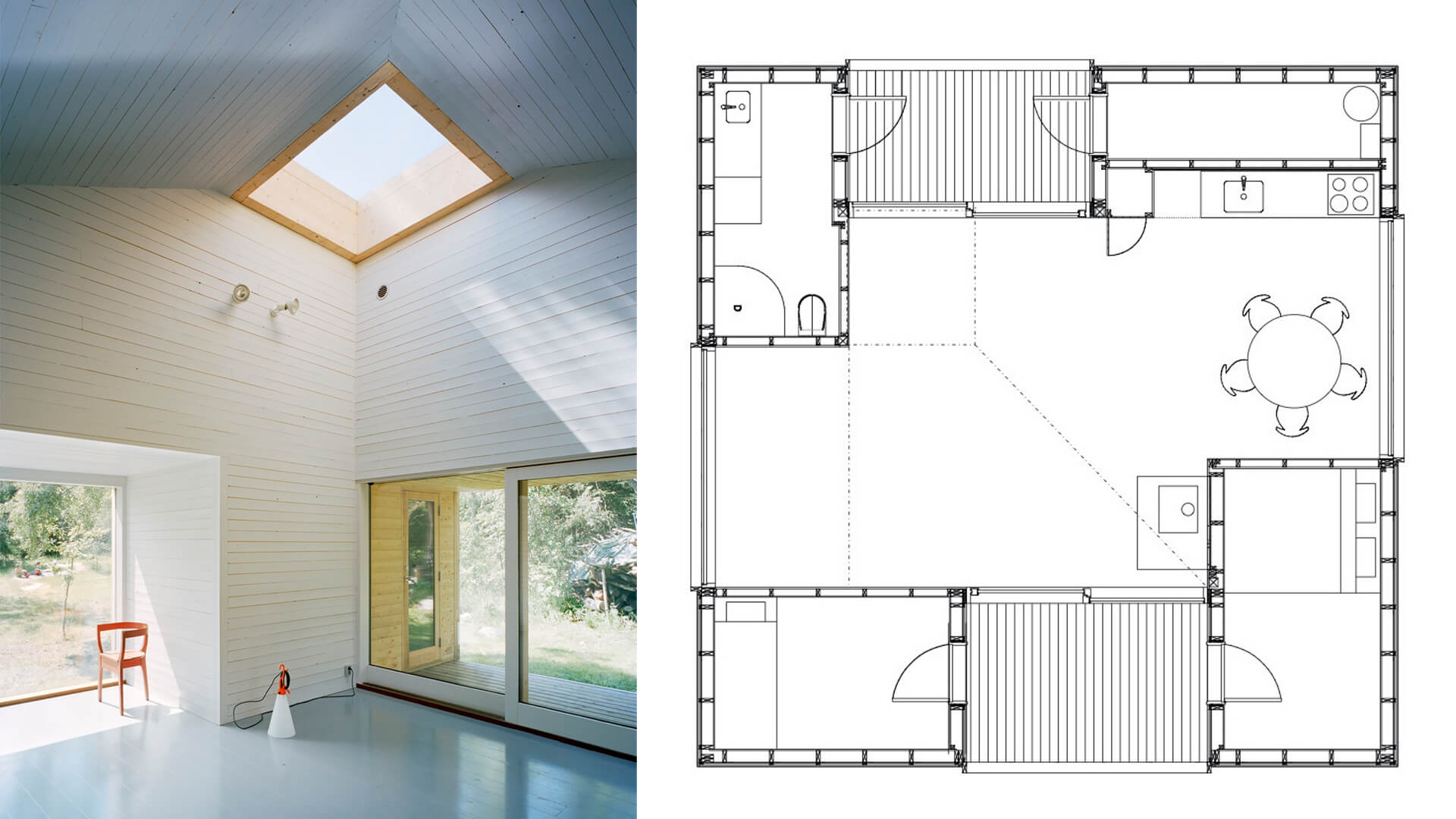 Casas pequeñas: Planta arquitectónica y espacio central con luz cenital de la vivienda de verano en Söderöra, Suecia.