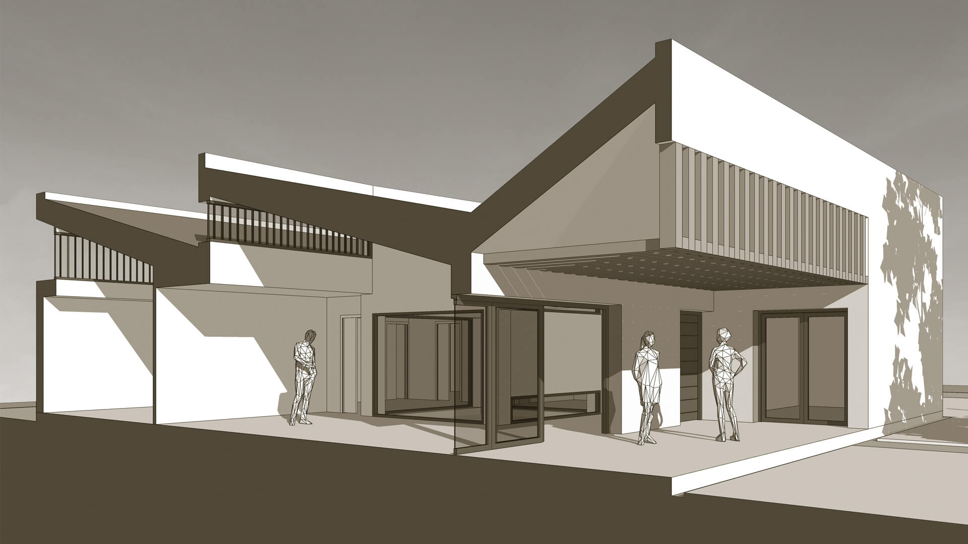 Diseño Cubiertas Inclinadas Casa Fresnedillas | Modelo 3D HGSE Arquitectos Sección 3D Casa en Fresnedillas: diseño de cubiertas inclinadas para ventanas altas y porche sur. HGSE Arquitectos Madrid.