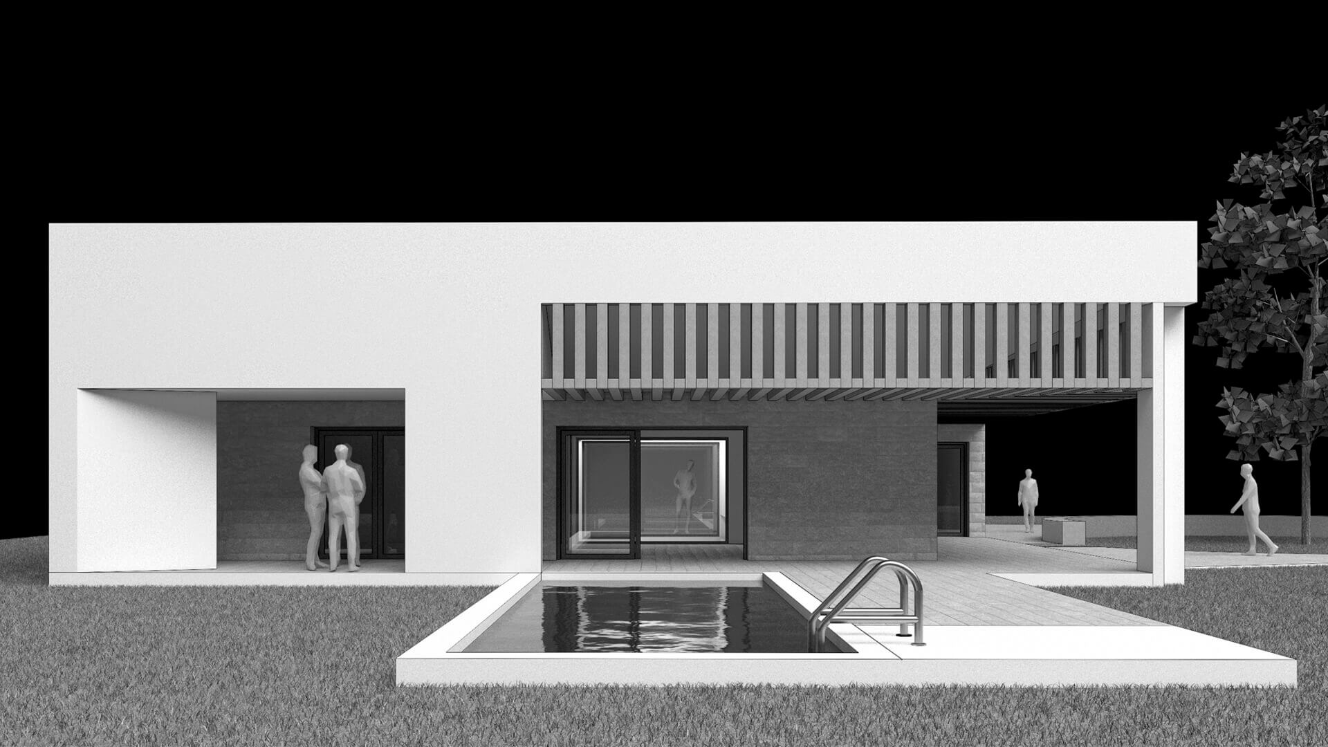 Modelo 3D Casa Fresnedillas | Alineación Patio Piscina Modelo 3D Casa Fresnedillas, vista oeste. Alineación de piscina con patio interior y terraza. Diseño HGSE Arquitectos Madrid.