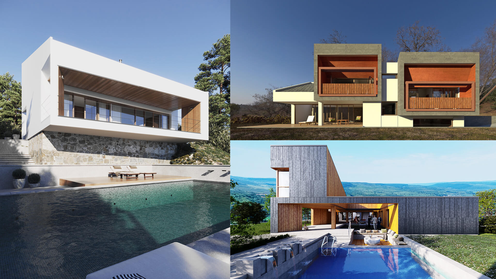 Tres fachadas de casas modernas diseñadas por HGSE Arquitectos en Madrid. Arquitectura contemporánea personalizada.