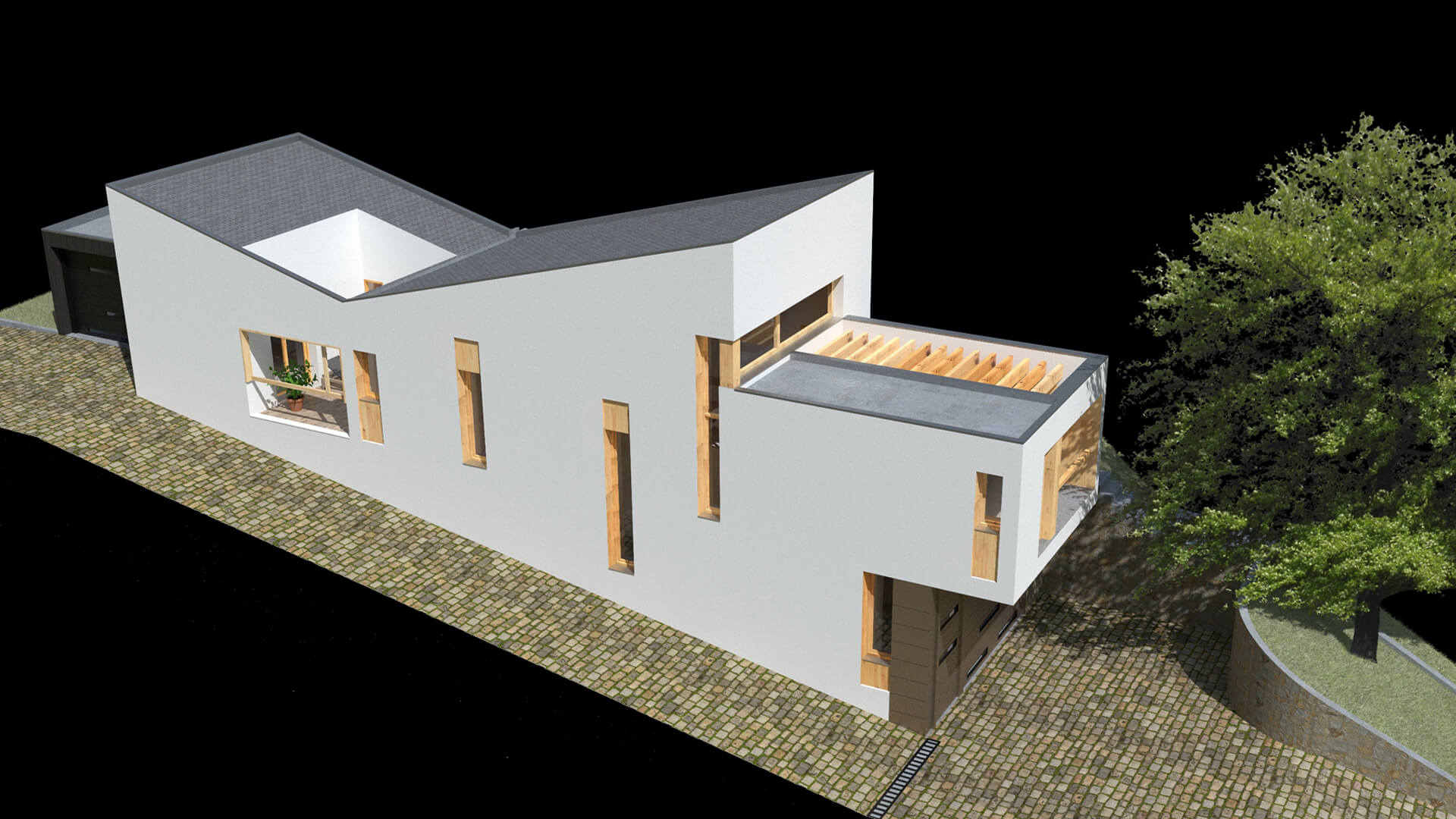 Casa estrecha y alargada cerca de Madrid, en Colmenar del Arroyo. Volumetría moderna con cubiertas inclinadas y planas.