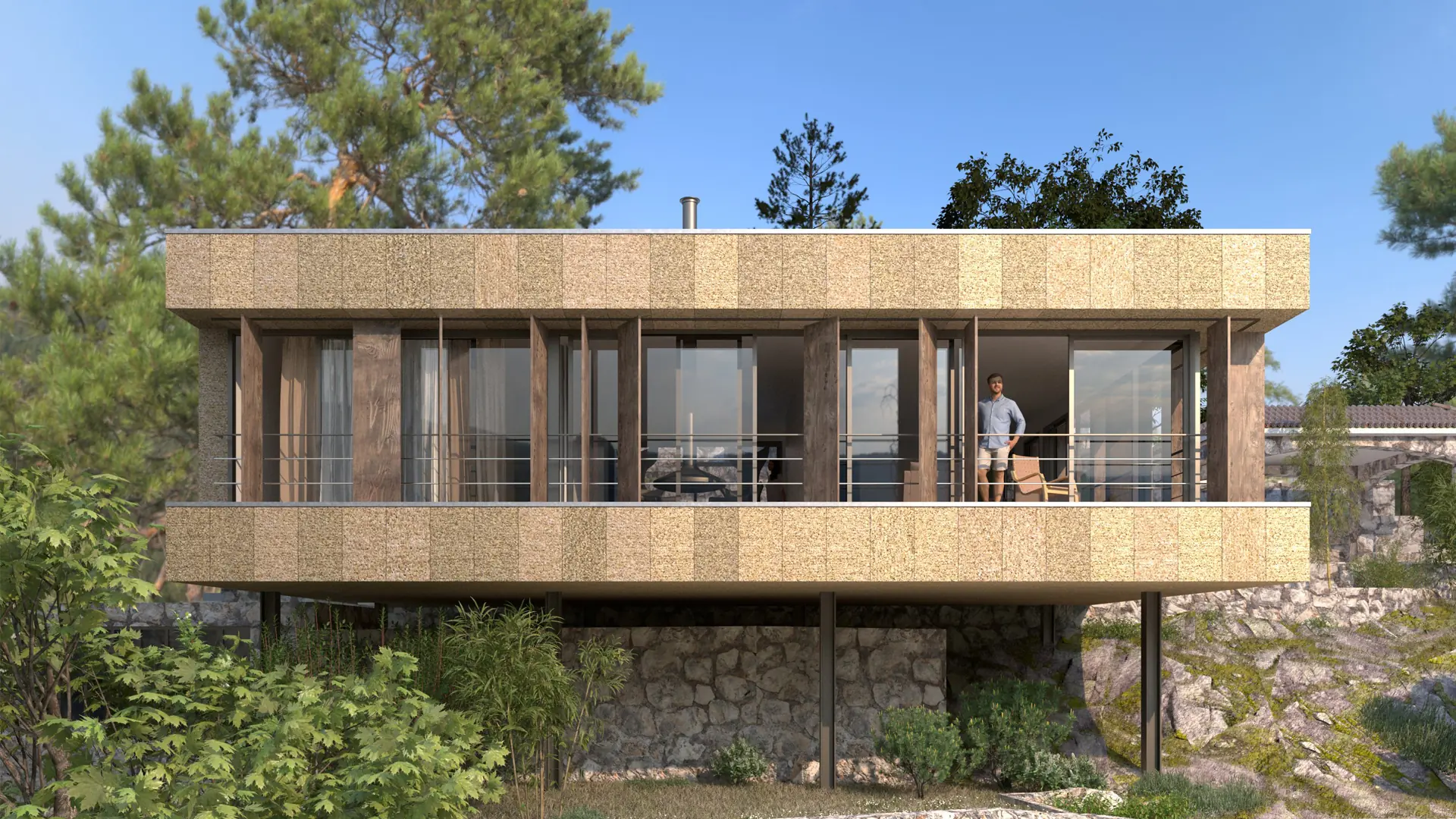 Fachadas de casas modernas en España: diseño bioclimático sostenible con corcho de HGSE Arquitectos en Madrid.