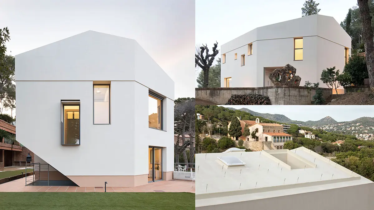Fachadas de casas modernas con sistema SATE en Barcelona. Acabado blanco minimalista y alta eficiencia térmica exterior.