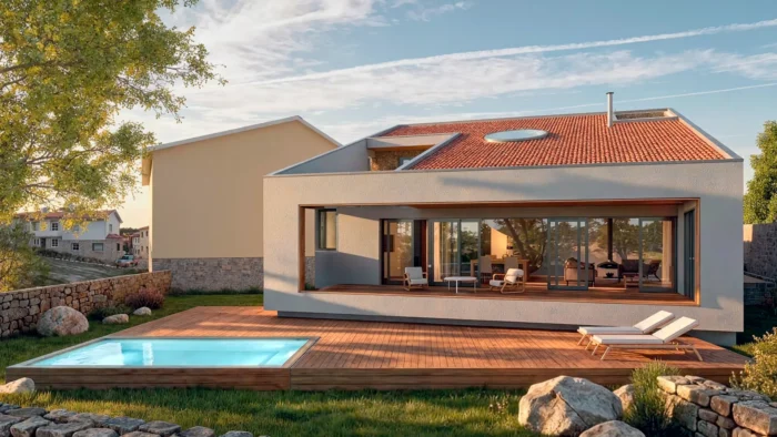 Diseño de casa moderna con piscina en la Sierra de Madrid y cubierta inclinada en Fresnedillas | HGSE Arquitectos.
