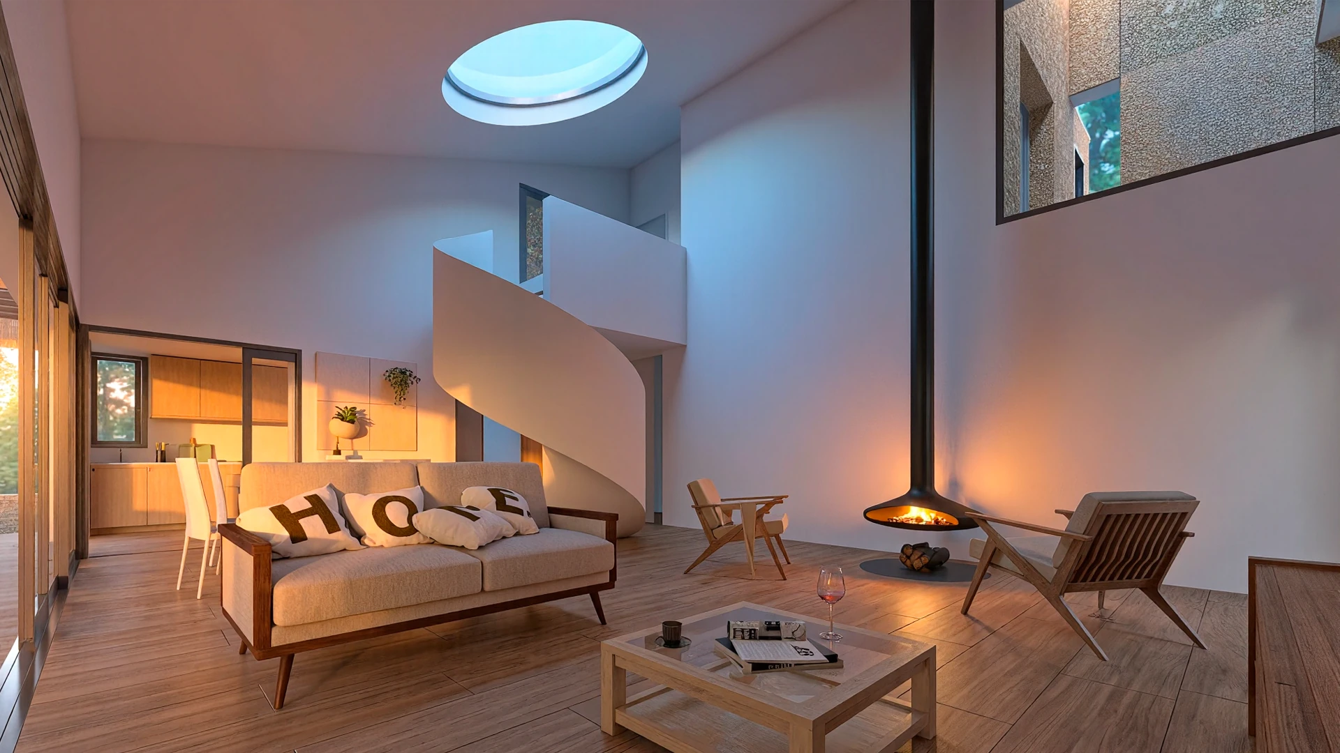 Diseño de interiores moderno con salón a doble altura y escalera de caracol central | HGSE Arquitectos.