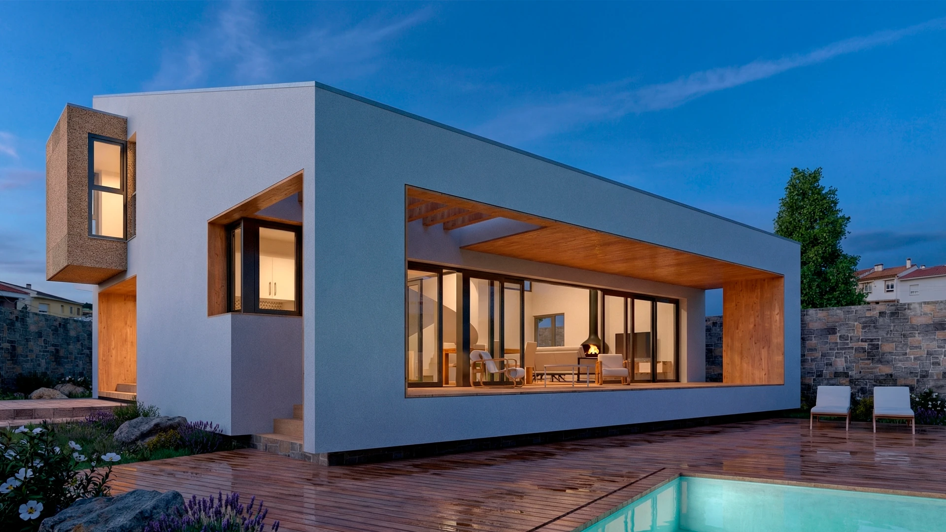 Iluminación de fachada moderna y terraza con piscina en la Sierra de Madrid | HGSE Arquitectos.