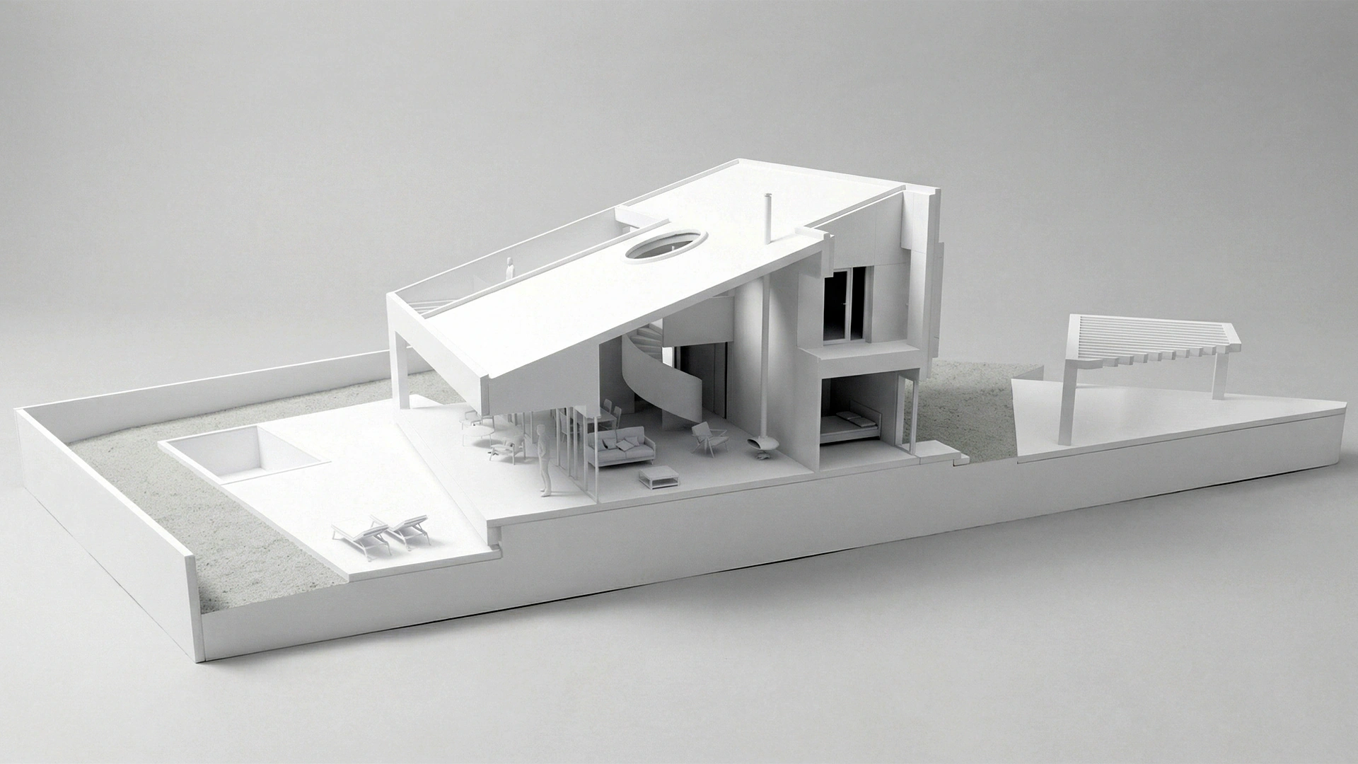 Maqueta de arquitectura seccionada: organización compacta y optimización espacial en dos plantas | HGSE Arquitectos.