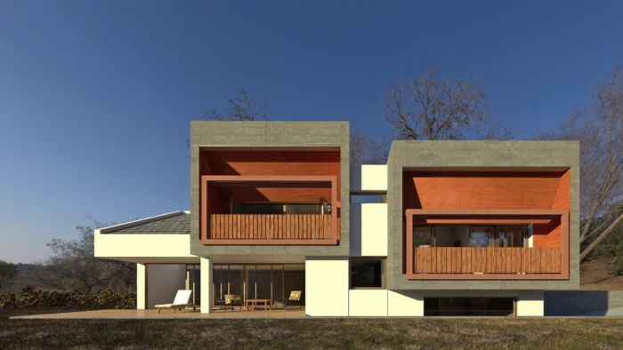 Diseño de casa en la Sierra de Madrid con fachada fragmentada en piedra filita y módulos de madera en voladizo en Robledo de Chavela.
