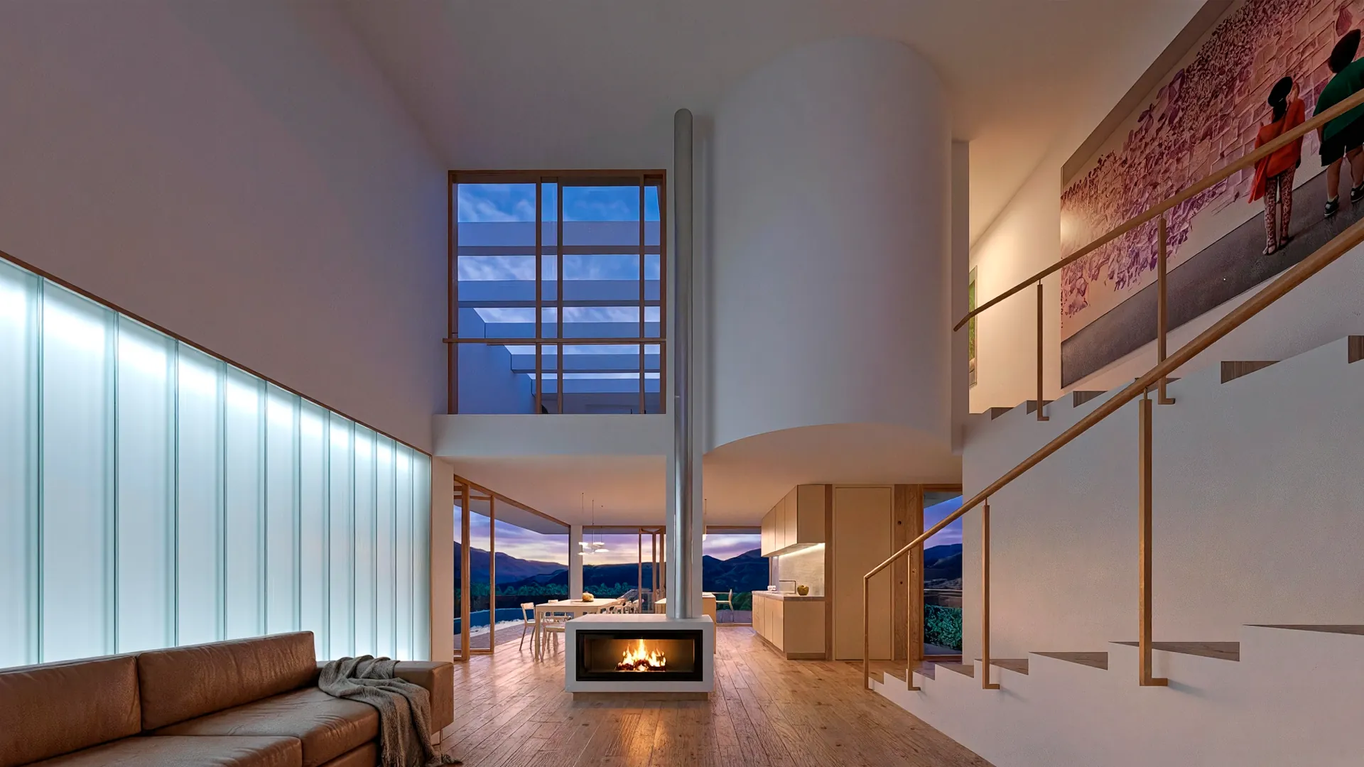 Interior de casa moderna: salón doble altura con chimenea central, madera y vistas a la Sierra de Madrid al crepúsculo.