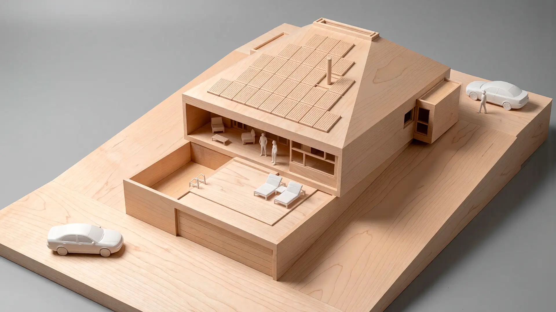 Maqueta de casa simétrica en Madrid: tejado con faldón sur solar, podio con piscina suroeste y garaje. HGSE Arquitectos.