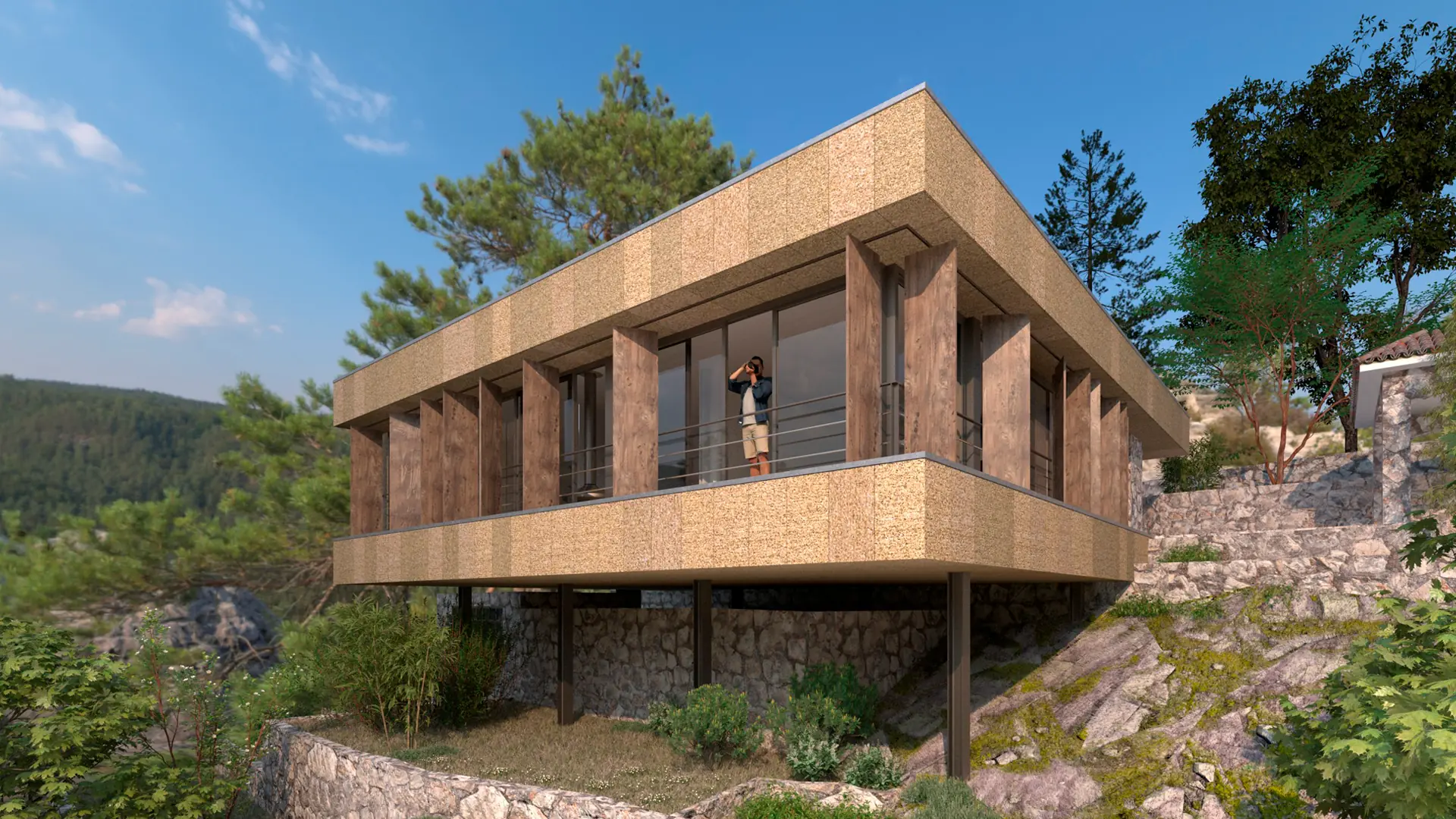 Fachada de casa moderna elevada sobre bancales con SATE de corcho visto y lamas de madera en orientación suroeste.