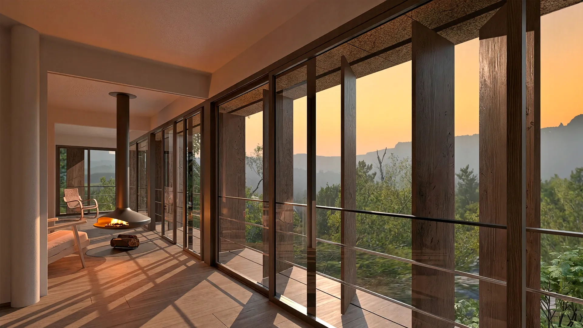 Interior de casa moderna de una planta con control solar mediante lamas de madera móviles y vistas a la Sierra de Madrid.