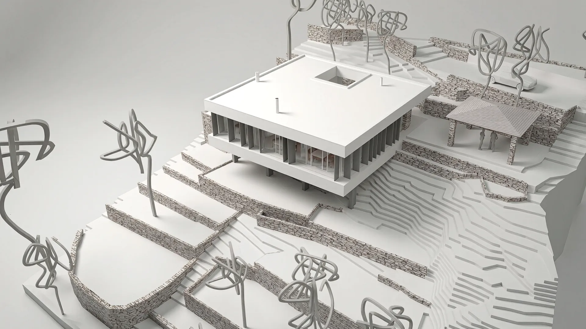 Maqueta de casa moderna de una planta con patio integrada en parcela con pendiente y bancales de piedra.