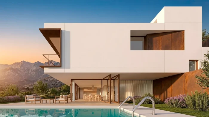 Vivienda unifamiliar en Robledo de Chavela con fachada SATE blanca, acero corten y piscina integrada.