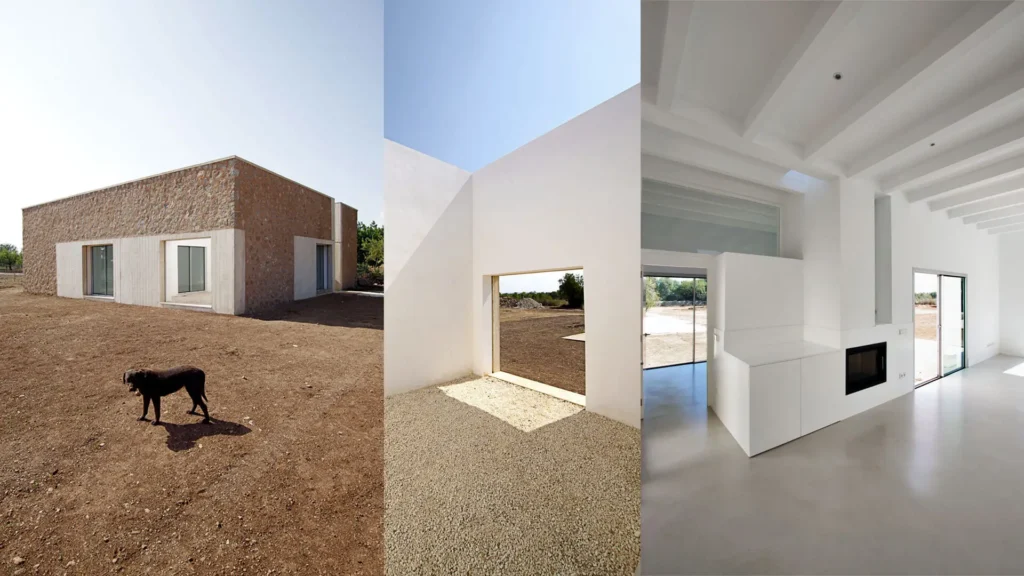 Can Lluís: Diseño horizontal con patios en esquina y luz natural en Sa Pobla, Mallorca. Can Lluís i n’Eulàlia de TEd’A: tríptico de casa de una planta de retícula 3x3 con patios en esquinas, neutralidad espacial.