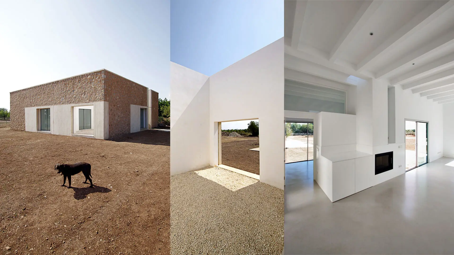 Can Lluís: Diseño horizontal con patios en esquina y luz natural en Sa Pobla, Mallorca. Can Lluís i n’Eulàlia de TEd’A: tríptico de casa de una planta de retícula 3x3 con patios en esquinas, neutralidad espacial.