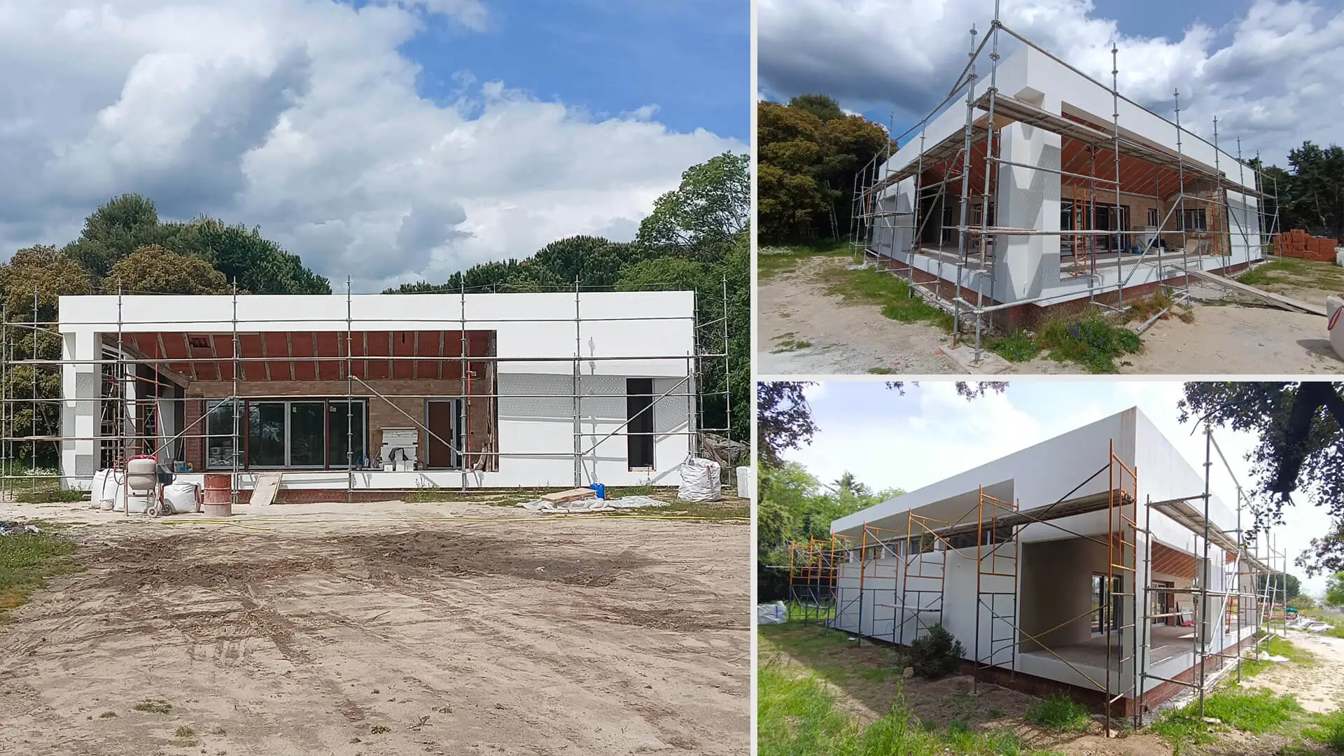 Construcción de casa de una planta en Fresnedillas (HGSE): fase de obra, techo inclinado y estructura vista.