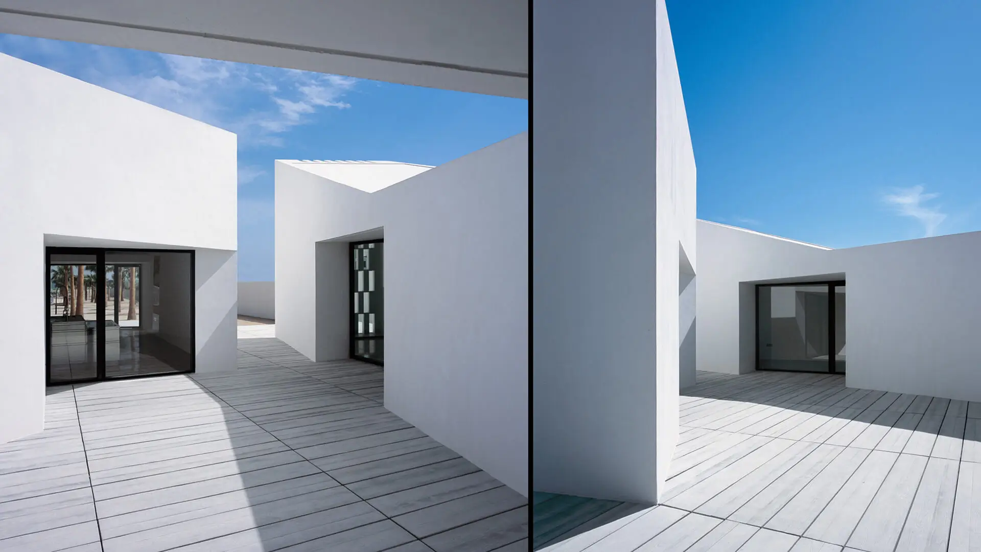 Casa para un fotógrafo: Diseño horizontal con vistas al mar en el Delta del Ebro. Vivienda para un fotógrafo de Carlos Ferrater: casa de una planta de volúmenes blancos alrededor de un vacío central.