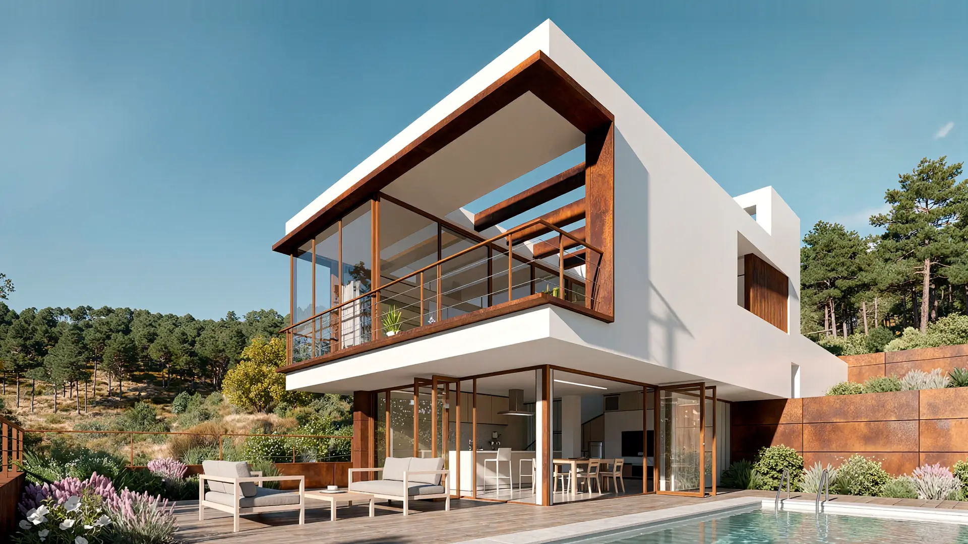Volúmenes blancos y acero corten. Diseño de casa en Robledo de Chavela con piscina y vegetación de la sierra.